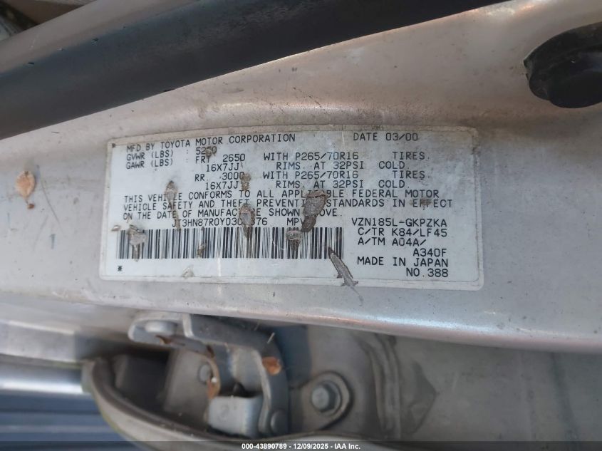 2000 Toyota 4Runner Limited V6 VIN: JT3HN87R0Y0309376 Lot: 43890789