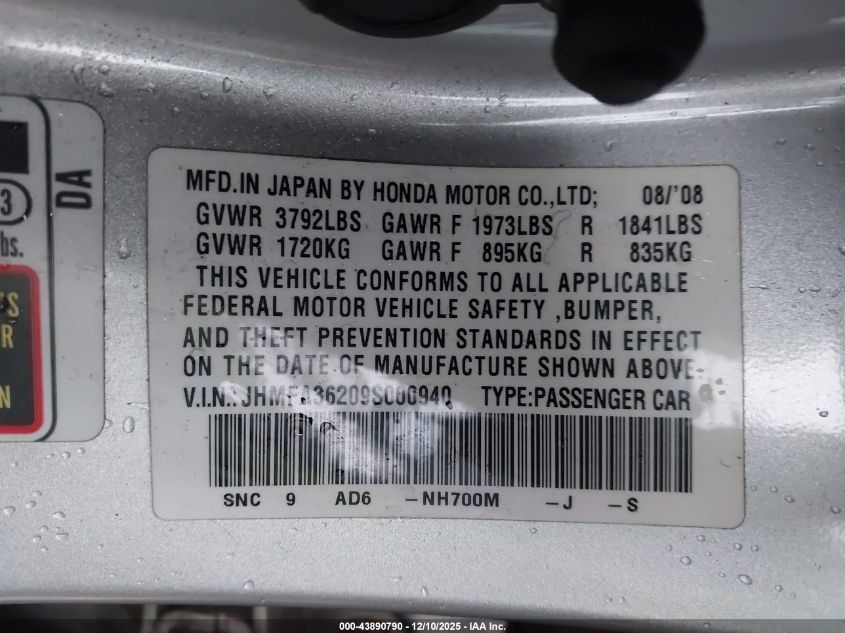 2009 Honda Civic Hybrid VIN: JHMFA36209S000940 Lot: 43890790