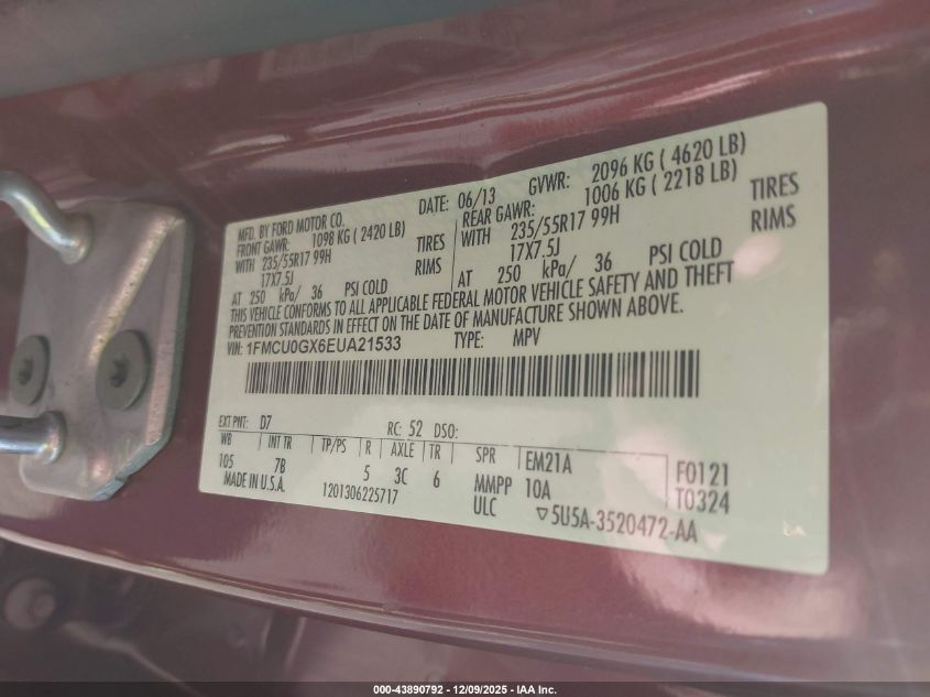 2014 Ford Escape Se VIN: 1FMCU0GX6EUA21533 Lot: 43890792