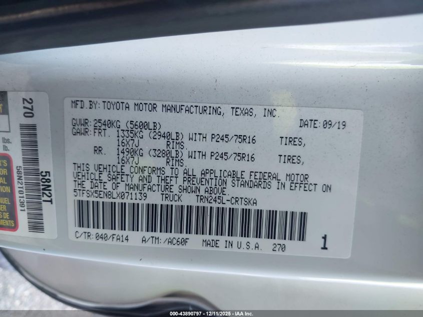 2020 Toyota Tacoma Sr VIN: 5TFSX5EN8LX071139 Lot: 43890797