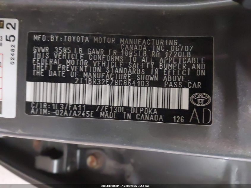 2008 Toyota Corolla Ce VIN: 2T1BR32E78C864103 Lot: 43890801