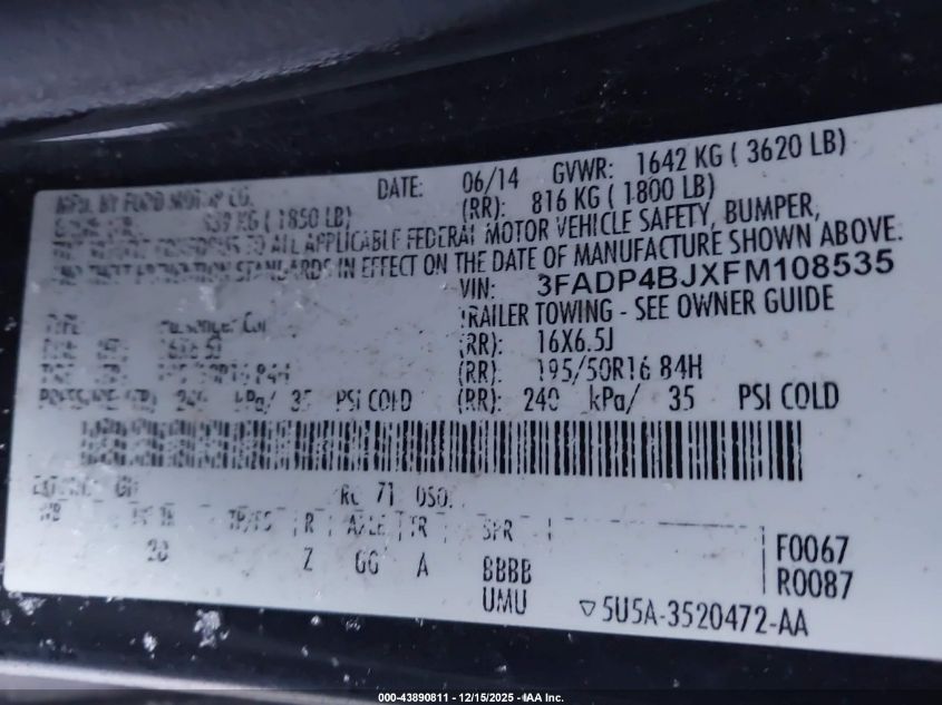 2015 Ford Fiesta Se VIN: 3FADP4BJXFM108535 Lot: 43890811