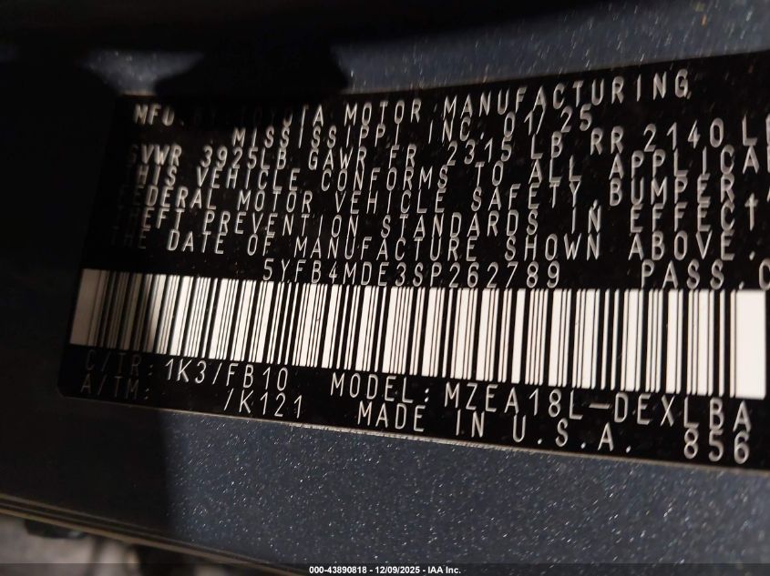 2025 Toyota Corolla Le VIN: 5YFB4MDE3SP262789 Lot: 43890818