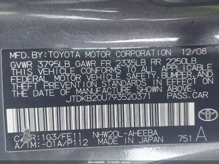 2009 Toyota Prius VIN: JTDKB20U793520371 Lot: 43890836