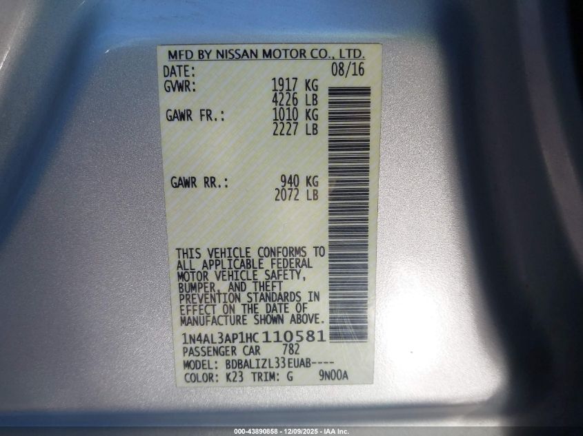 2017 Nissan Altima 2.5 Sv VIN: 1N4AL3AP1HC110581 Lot: 43890858