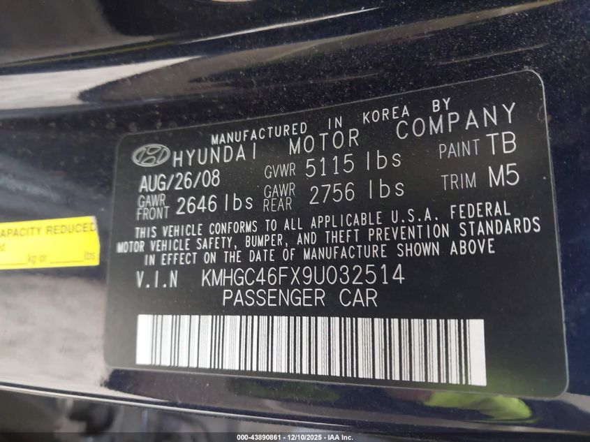 2009 Hyundai Genesis 4.6 VIN: KMHGC46FX9U032514 Lot: 43890861