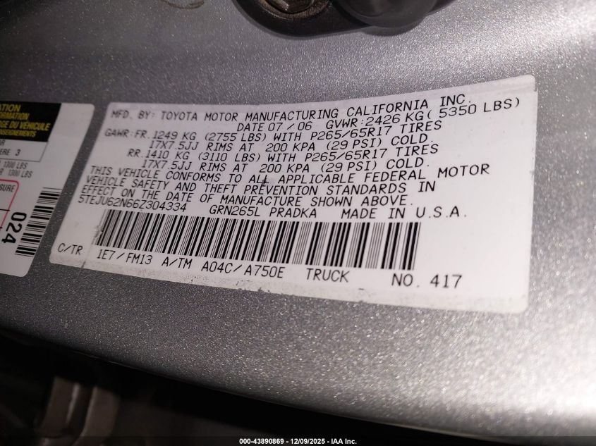 2006 Toyota Tacoma Prerunner V6 VIN: 5TEJU62N66Z304334 Lot: 43890869