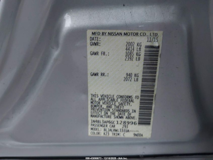 2016 Nissan Altima 3.5 Sl VIN: 1N4BL3AP6GC128996 Lot: 43890873