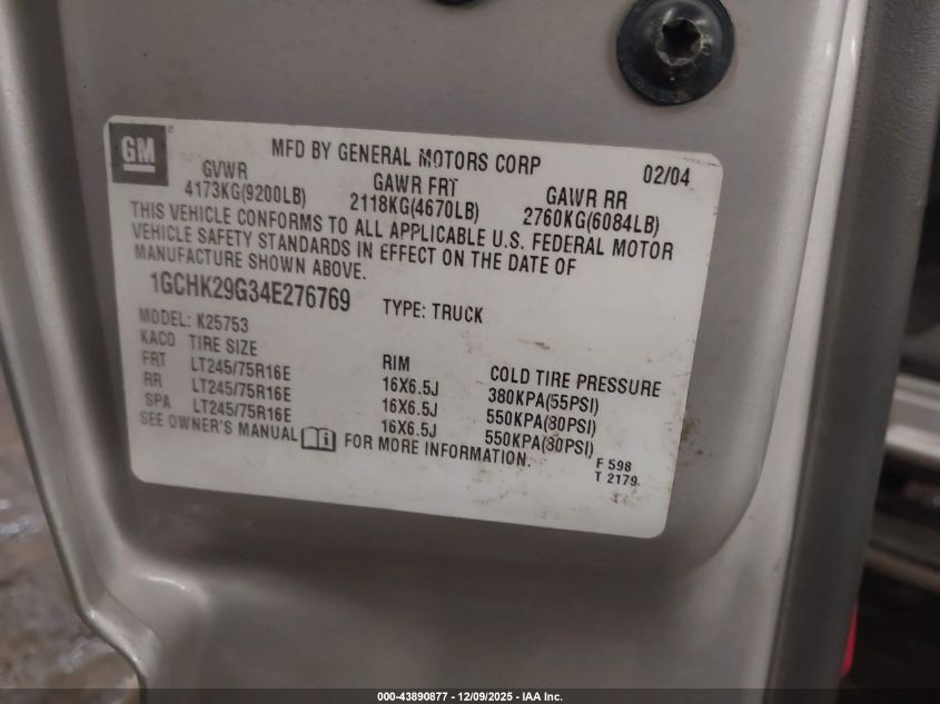 2004 Chevrolet Silverado 2500Hd Lt VIN: 1GCHK29G34E276769 Lot: 43890877