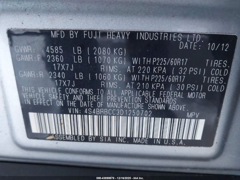 2013 Subaru Outback 2.5I Premium VIN: 4S4BRBCC3D1250702 Lot: 43890878