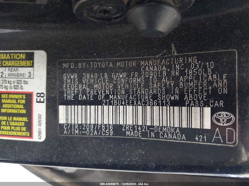 2010 Toyota Corolla VIN: 2T1BU4EEXAC366113 Lot: 43890879