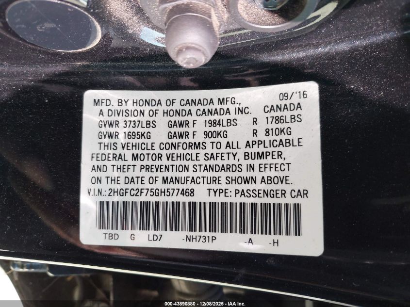 2016 Honda Civic Ex VIN: 2HGFC2F75GH577468 Lot: 43890880