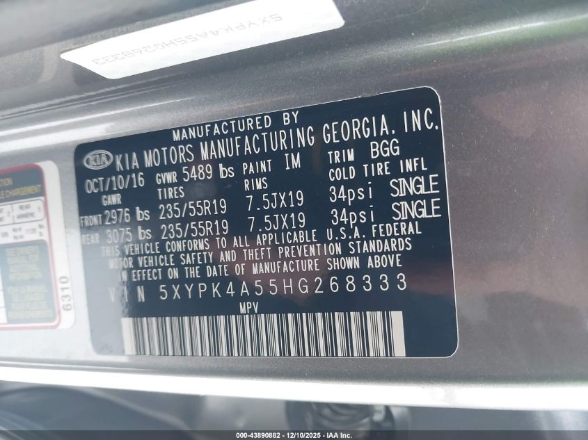 2017 Kia Sorento 3.3L Sx VIN: 5XYPK4A55HG268333 Lot: 43890882