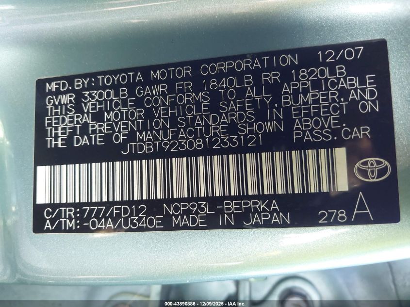 2008 Toyota Yaris VIN: JTDBT923081233121 Lot: 43890886