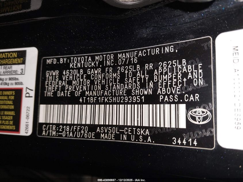 2017 Toyota Camry Se VIN: 4T1BF1FK5HU293951 Lot: 43890887