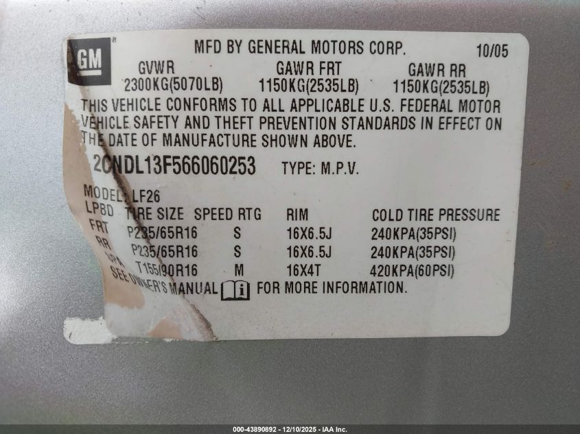 2006 Chevrolet Equinox Ls VIN: 2CNDL13F566060253 Lot: 43890892