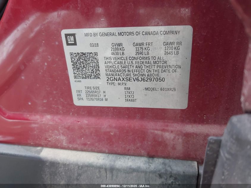 2018 Chevrolet Equinox Lt VIN: 2GNAXSEV6J6297050 Lot: 43890894