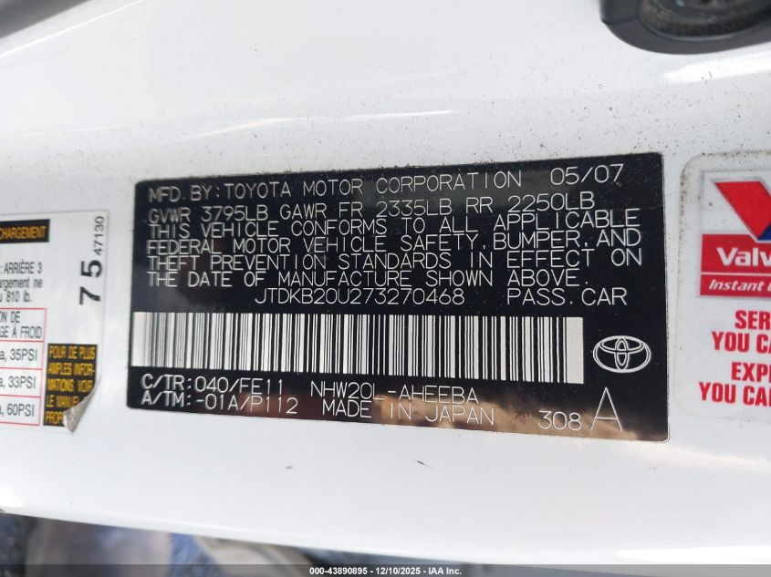 2007 Toyota Prius VIN: JTDKB20U273270468 Lot: 43890895