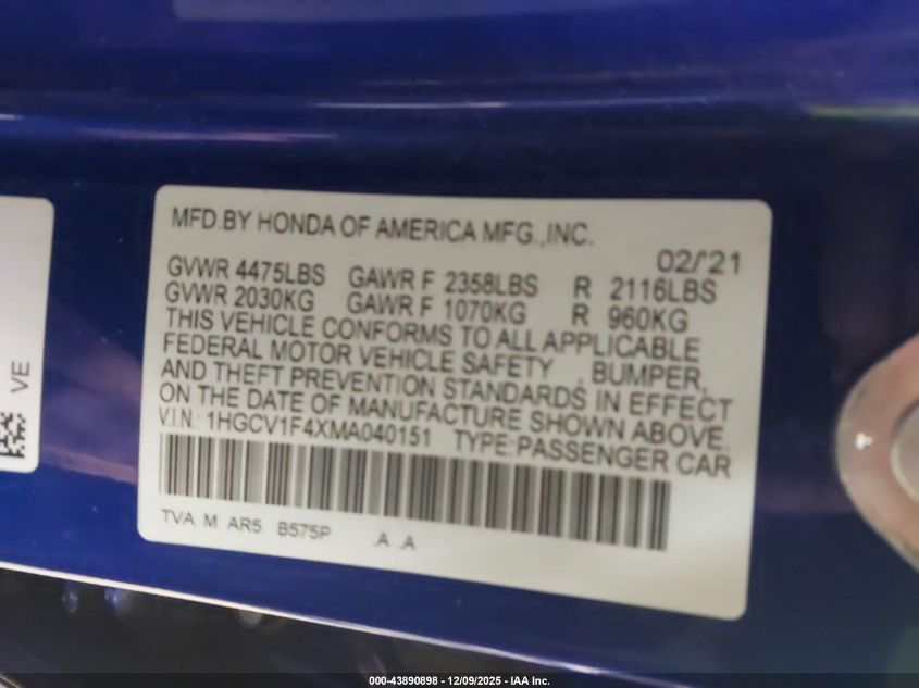 2021 Honda Accord Sport Special Edition VIN: 1HGCV1F4XMA040151 Lot: 43890898