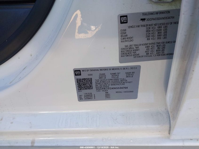 2022 Chevrolet Silverado 1500 2Wd Short Bed Lt VIN: 3GCPACEDXNG534764 Lot: 43890901