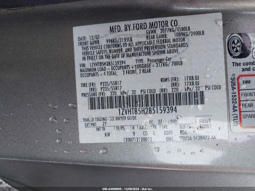 2008 Ford Mustang Gt Deluxe/Gt Premium VIN: 1ZVHT85H285159394 Lot: 43890905