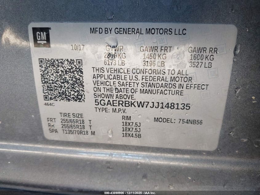 2018 Buick Enclave Essence VIN: 5GAERBKW7JJ148135 Lot: 43890906