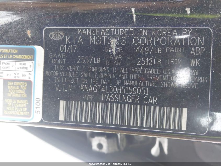 2017 Kia Optima Lx VIN: KNAGT4L30H5159051 Lot: 43890908