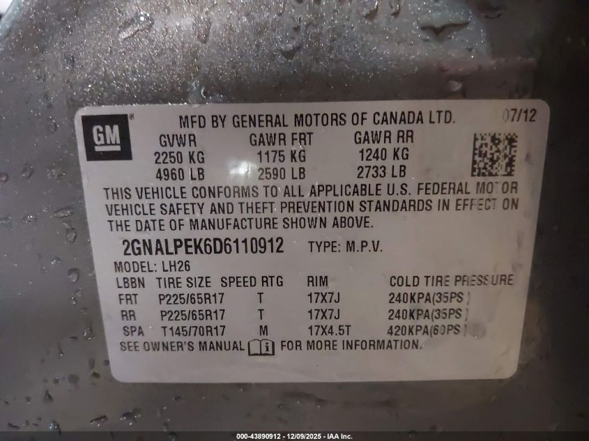 2013 Chevrolet Equinox 2Lt VIN: 2GNALPEK6D6110912 Lot: 43890912