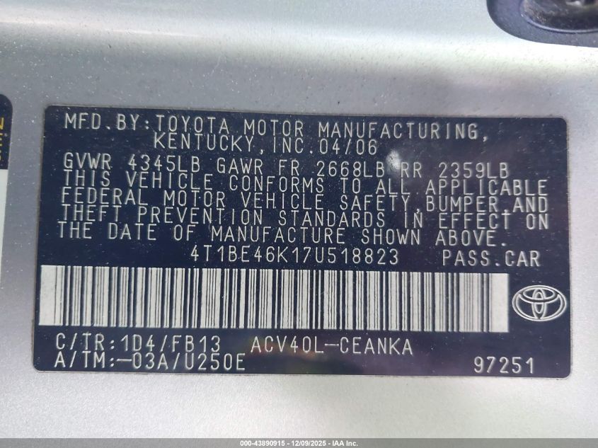 2007 Toyota Camry Le VIN: 4T1BE46K17U518823 Lot: 43890915