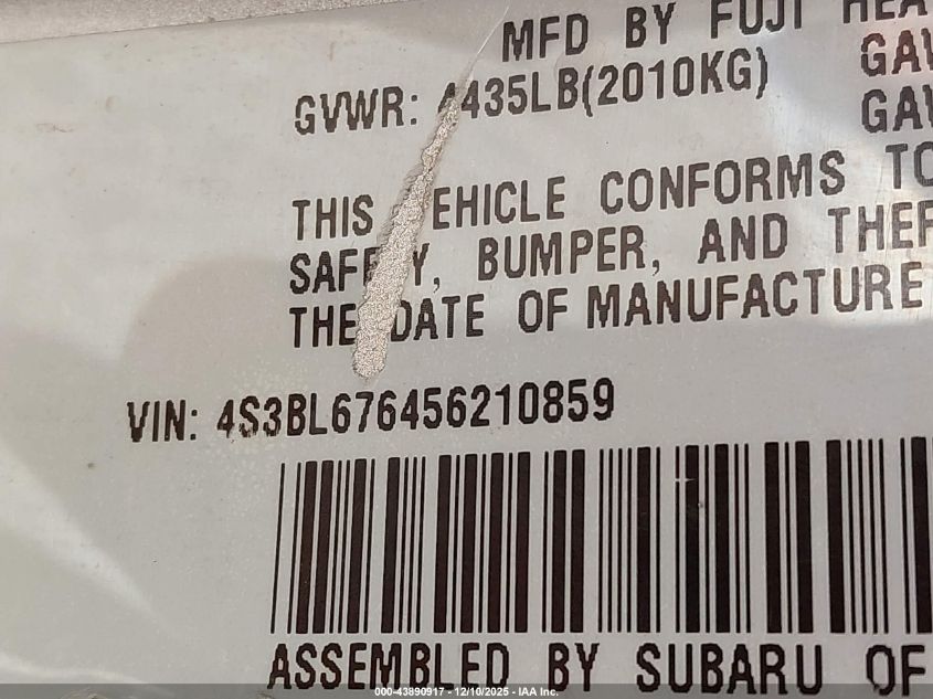 4S3BL676456210859 2005 SUBARU LEGACY photo no. 9