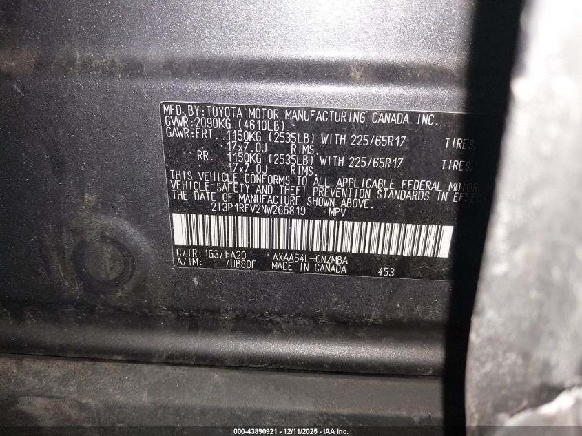 2022 Toyota Rav4 Xle VIN: 2T3P1RFV2NW266819 Lot: 43890921