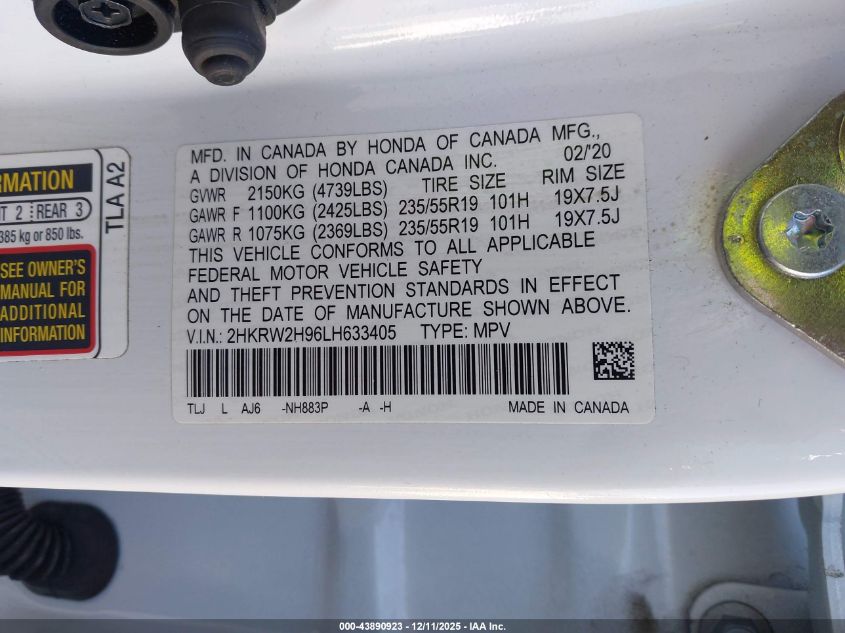 2020 Honda Cr-V Awd Touring VIN: 2HKRW2H96LH633405 Lot: 43890923