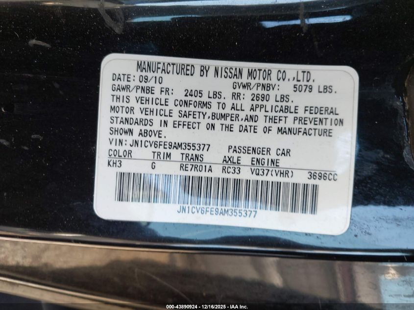 2010 Infiniti G37 VIN: JN1CV6FE9AM355377 Lot: 43890924