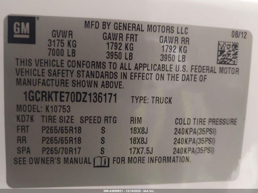 2013 Chevrolet Silverado 1500 Ltz VIN: 1GCRKTE70DZ136171 Lot: 43890931