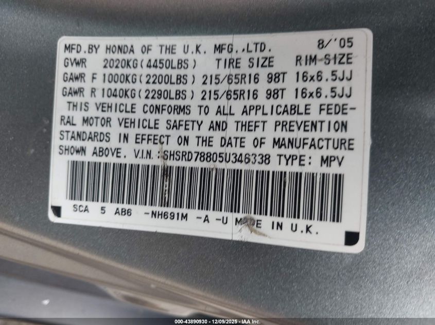 2005 Honda Cr-V Ex VIN: SHSRD78805U346338 Lot: 43890930