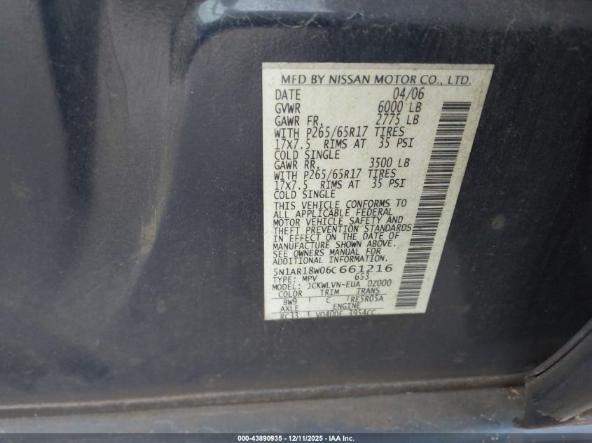 2006 Nissan Pathfinder Le VIN: 5N1AR18W06C661216 Lot: 43890935