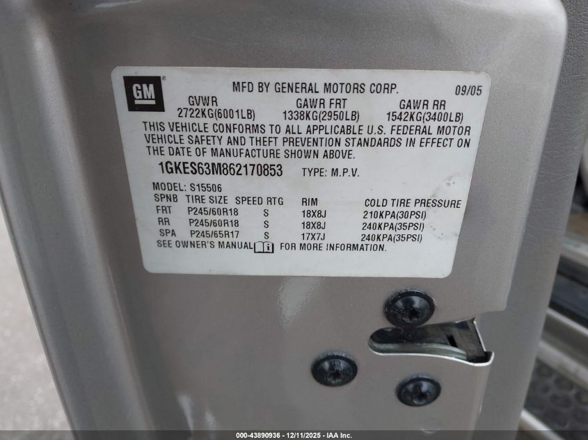 2006 GMC Envoy Denali VIN: 1GKES63M862170853 Lot: 43890936