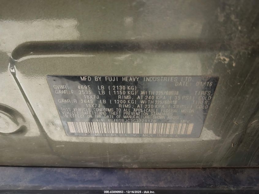 2016 Subaru Outback 2.5I Limited VIN: 4S4BSBJC3G3279178 Lot: 43890953