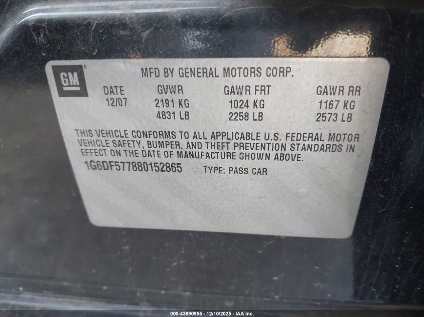 2008 Cadillac Cts Standard VIN: 1G6DF577880152865 Lot: 43890955