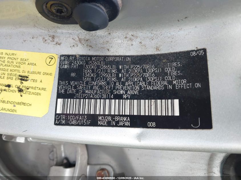 2006 Toyota Highlander V6 VIN: JTEEP21A060138114 Lot: 43890958