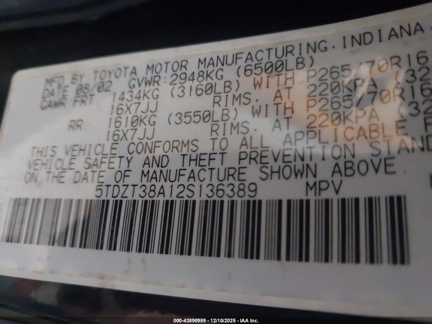 2002 Toyota Sequoia Limited V8 VIN: 5TDZT38A12S136389 Lot: 43890959