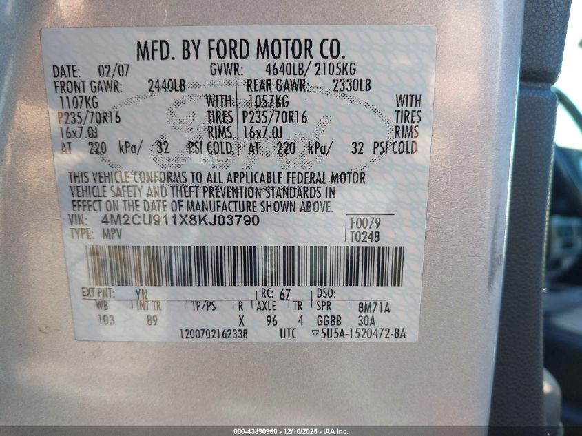 2008 Mercury Mariner V6 VIN: 4M2CU911X8KJ03790 Lot: 43890960