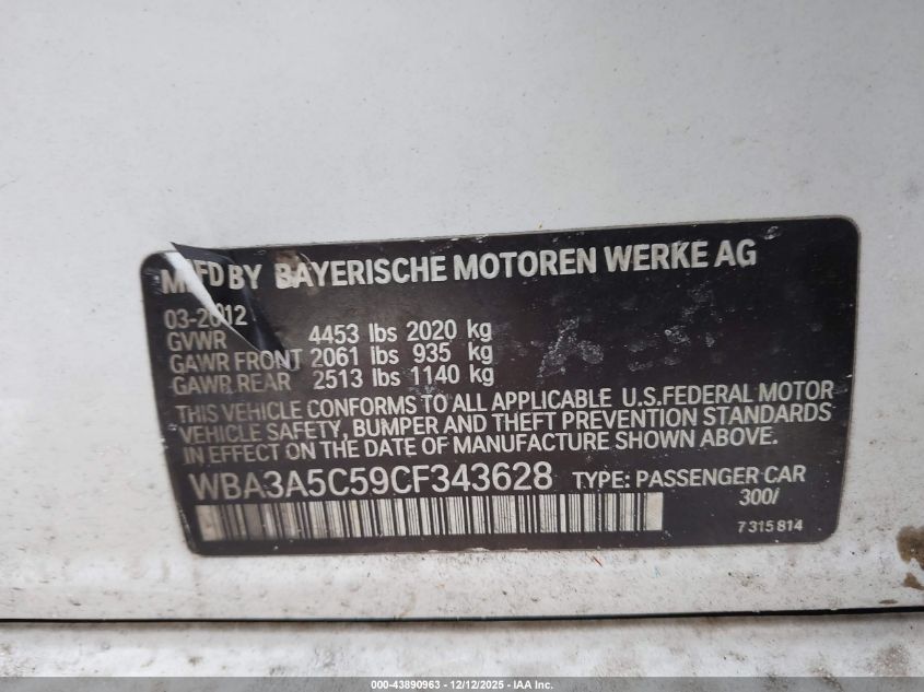 2012 BMW 328I VIN: WBA3A5C59CF343628 Lot: 43890963