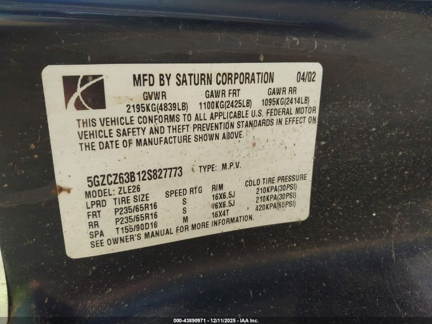 2002 Saturn Vue V6 VIN: 5GZCZ63B12S827773 Lot: 43890971