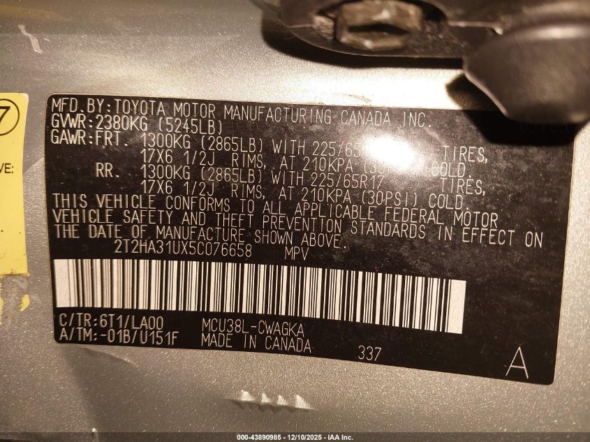 2005 Lexus Rx 330 VIN: 2T2HA31UX5C076658 Lot: 43890985