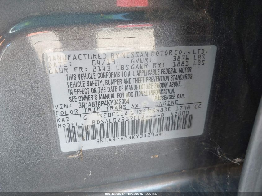 2019 Nissan Sentra S VIN: 3N1AB7AP4KY342954 Lot: 43890987