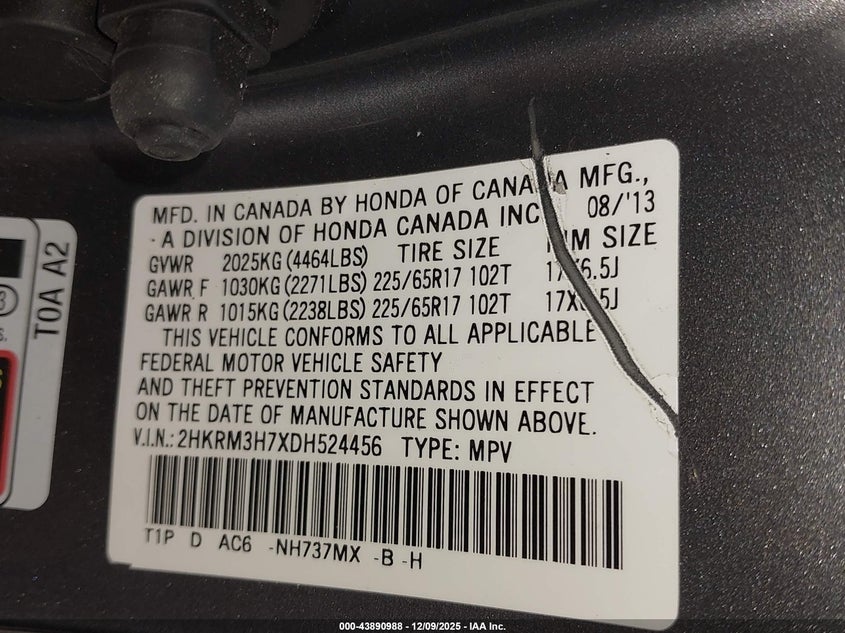 2HKRM3H7XDH524456 2013 HONDA CR-V photo no. 9