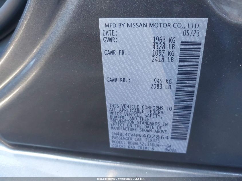 2023 Nissan Altima Sr Fwd VIN: 1N4BL4CV4PN402864 Lot: 43890992