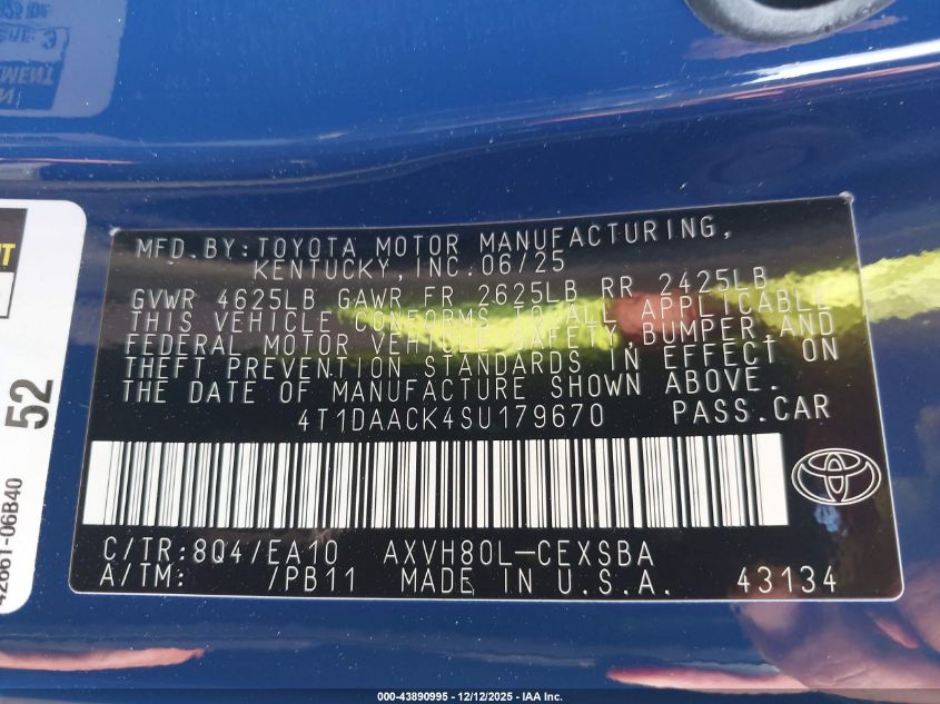 2025 Toyota Camry Se VIN: 4T1DAACK4SU179670 Lot: 43890995