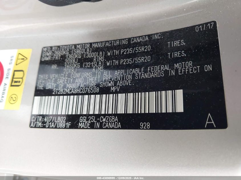 2017 Lexus Rx 350 VIN: 2T2BZMCA8HC076508 Lot: 43890999